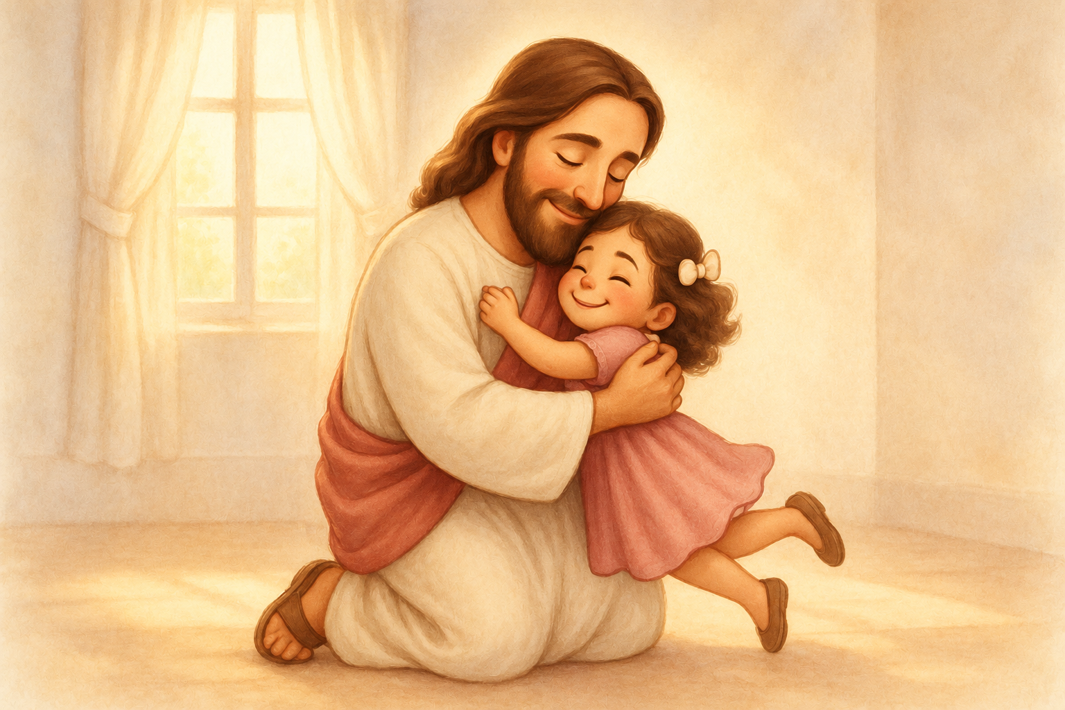 O colo do Pai: Jesus abraçando a menininha